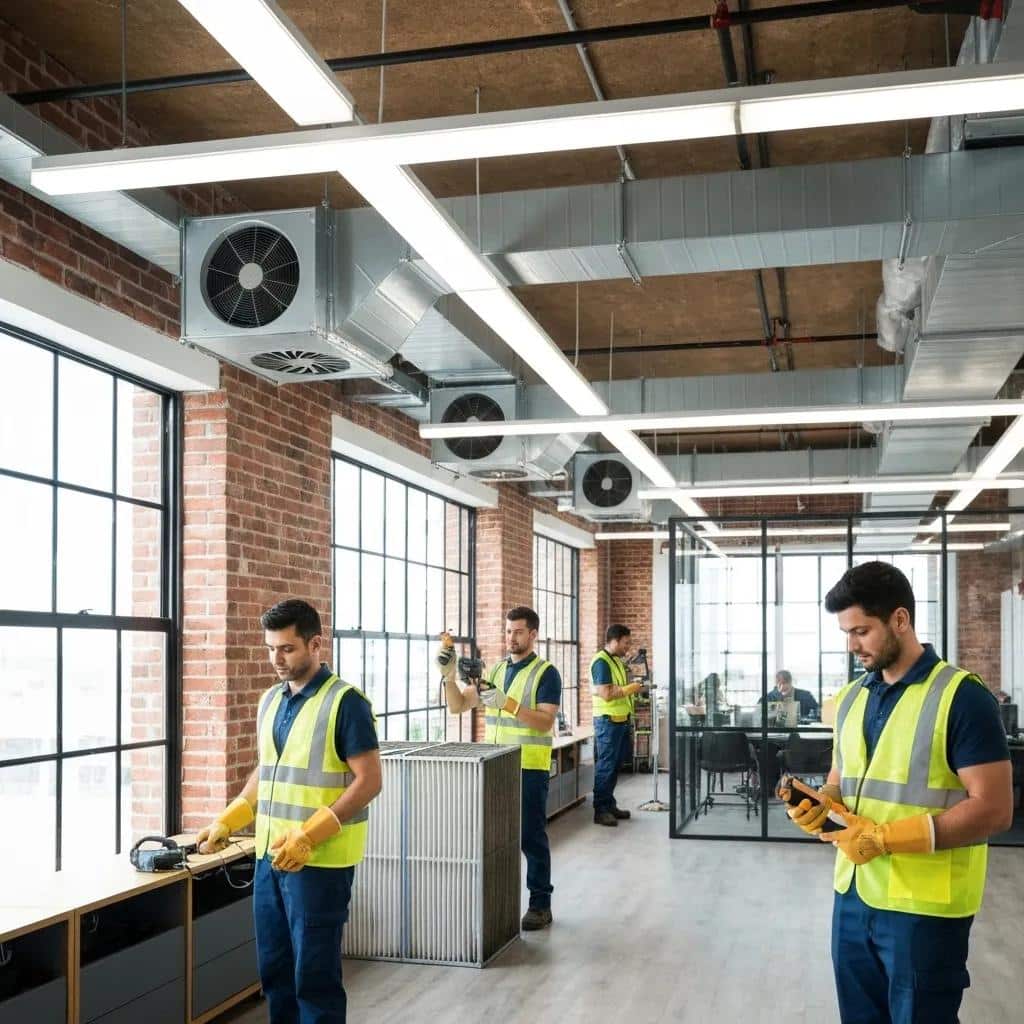 Certified technicians cleaning commercial HVAC ducts to enhance air quality and compliance
