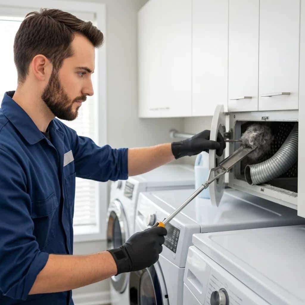 Technician cleaning dryer vent to prevent fire hazards and improve efficiency