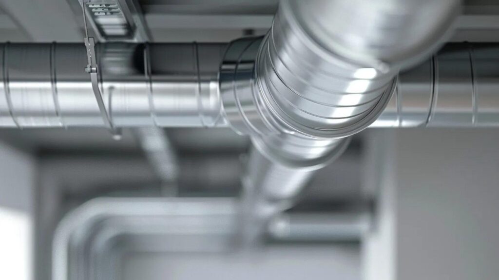 Air duct system featuring shiny metal ducts, illustrating air quality improvement and HVAC efficiency for residential and commercial spaces in Rhode Island.