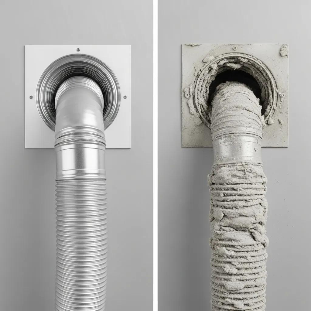 Comparison of clean and dirty dryer vent showing lint buildup