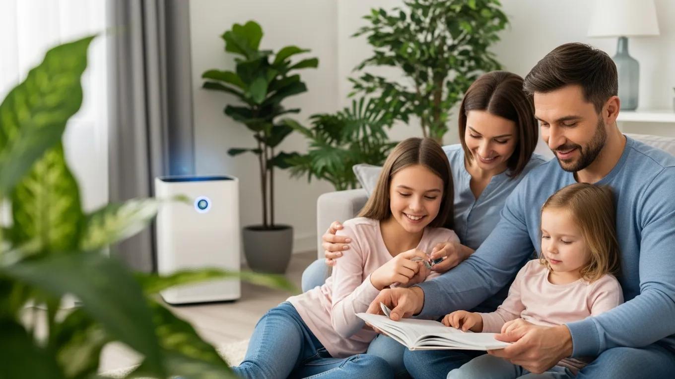 Family enjoying a healthy indoor environment with clean air quality indicators, emphasizing the benefits of air duct cleaning