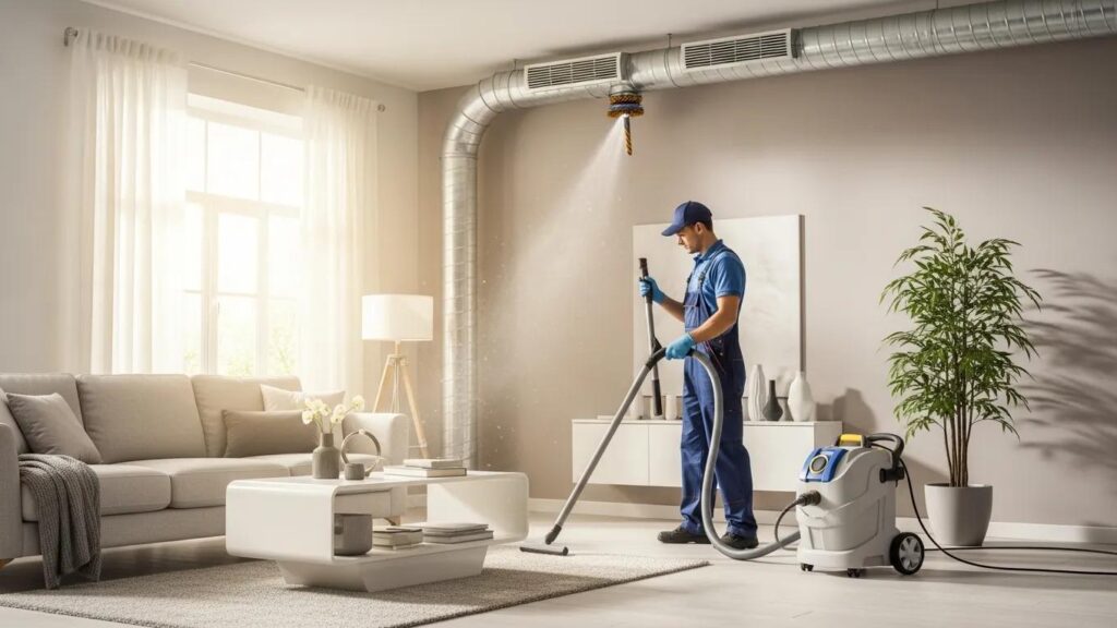 Professional air duct cleaning service in a modern living room, highlighting the importance of clean air ducts for health