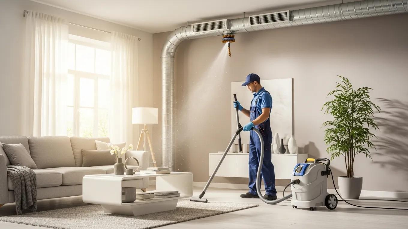 Professional air duct cleaning service in a modern living room, highlighting the importance of clean air ducts for health