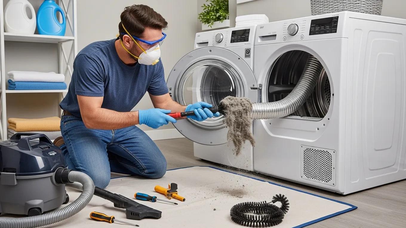 Technician cleaning a dryer vent to prevent fire hazards, highlighting the importance of safety in home maintenance