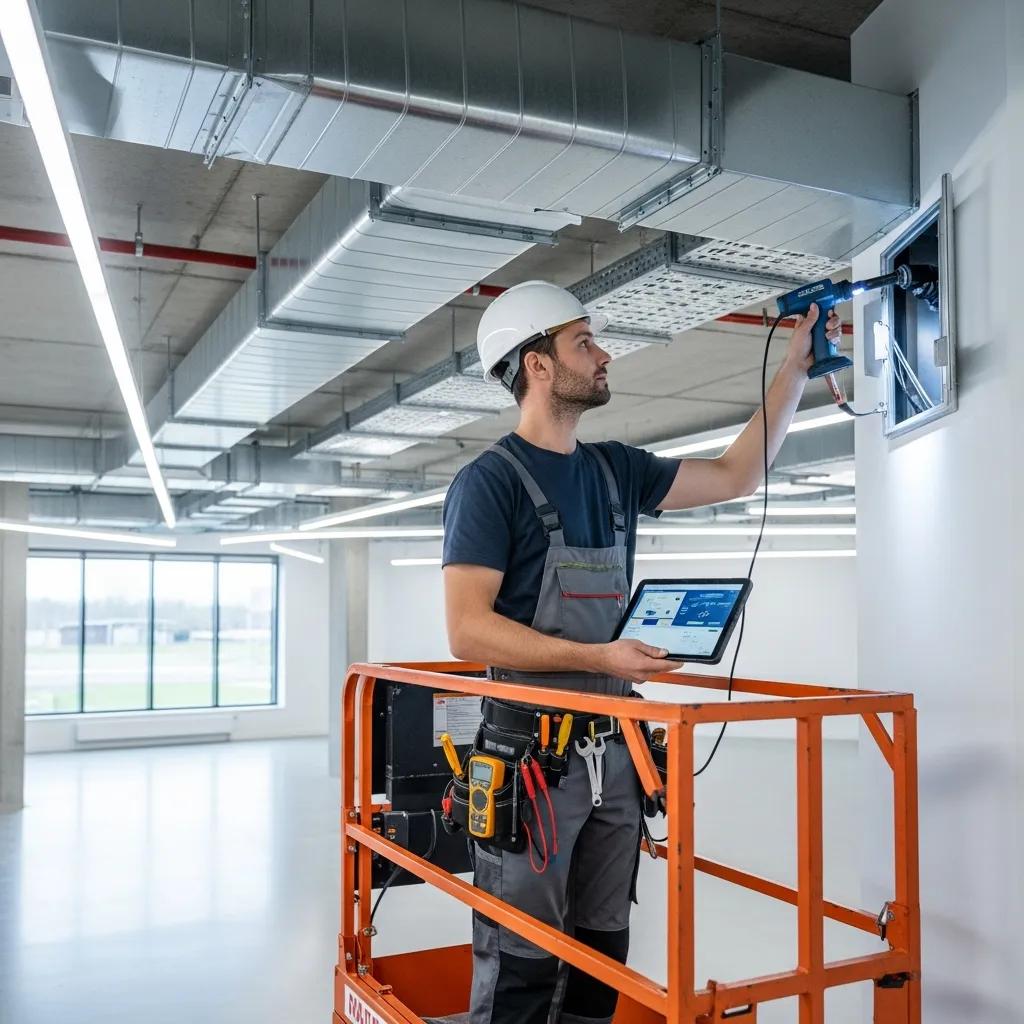 Technician inspecting commercial ventilation system for cleaning
