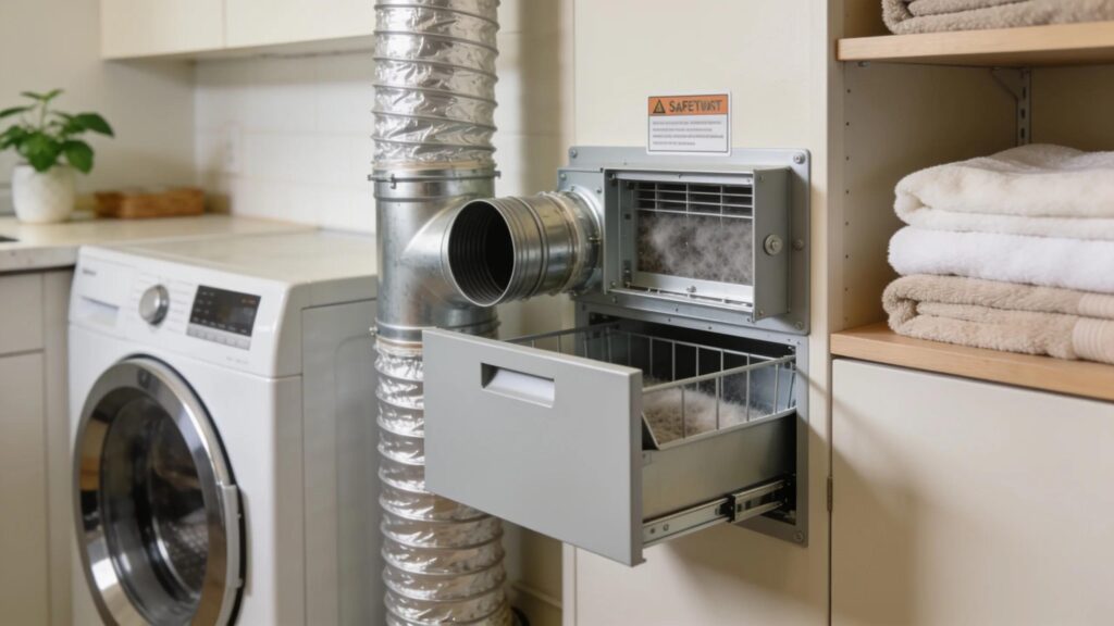 Clean dryer vent system in a laundry room representing the importance of preventing fire hazards through maintenance