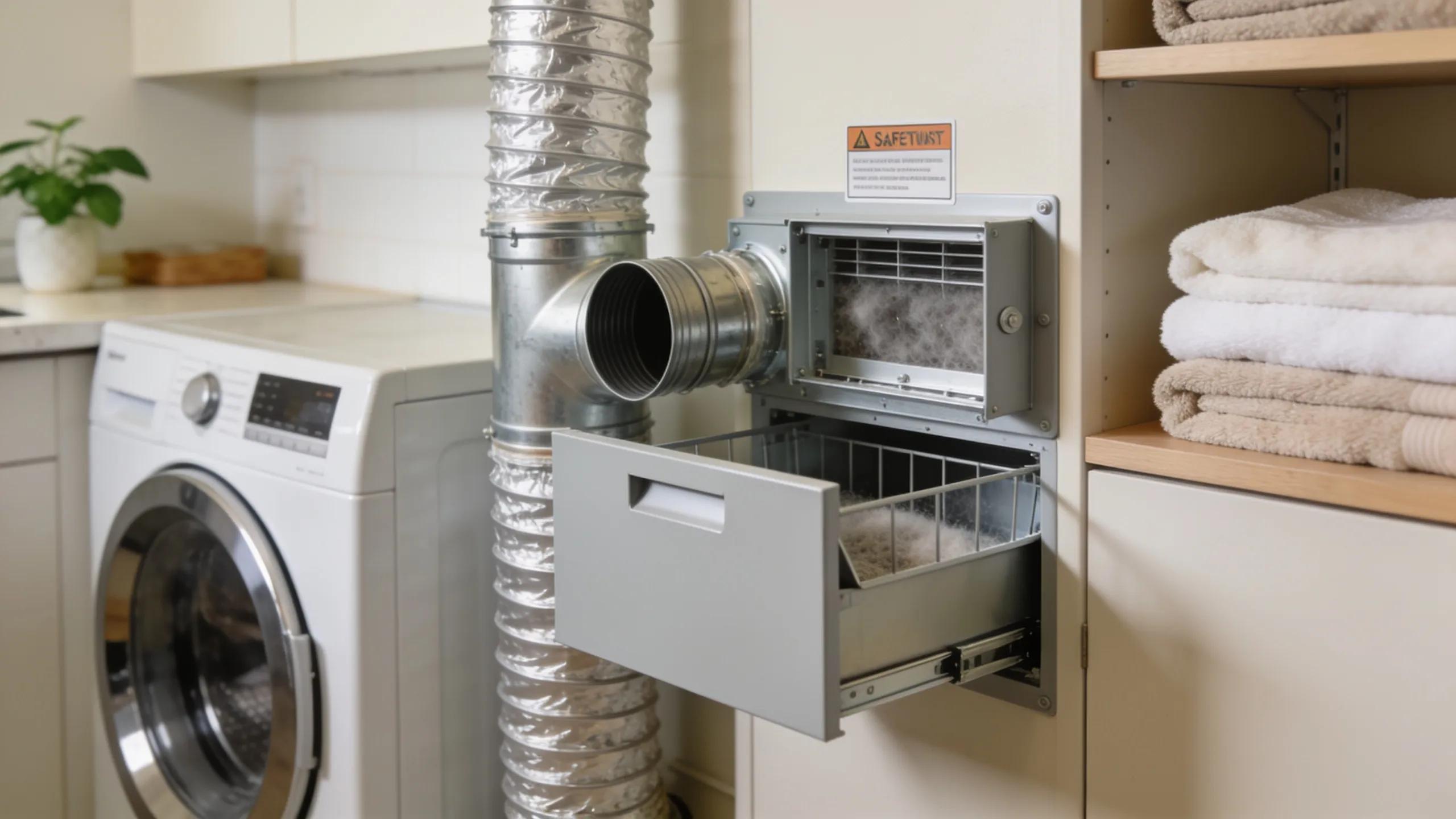 Clean dryer vent system in a laundry room representing the importance of preventing fire hazards through maintenance