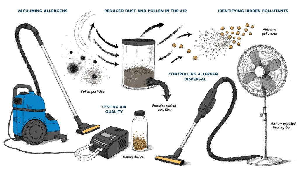 Visual representation of techniques used to reduce allergens in homes through air duct cleaning