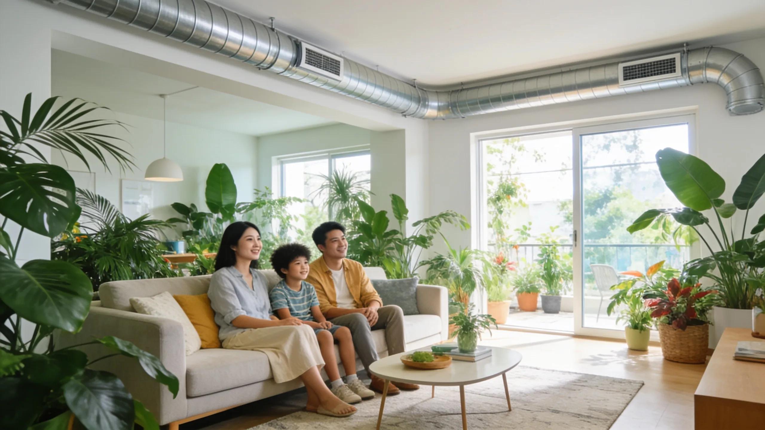 Indoor living space with visible HVAC ducts emphasizing air quality and health benefits