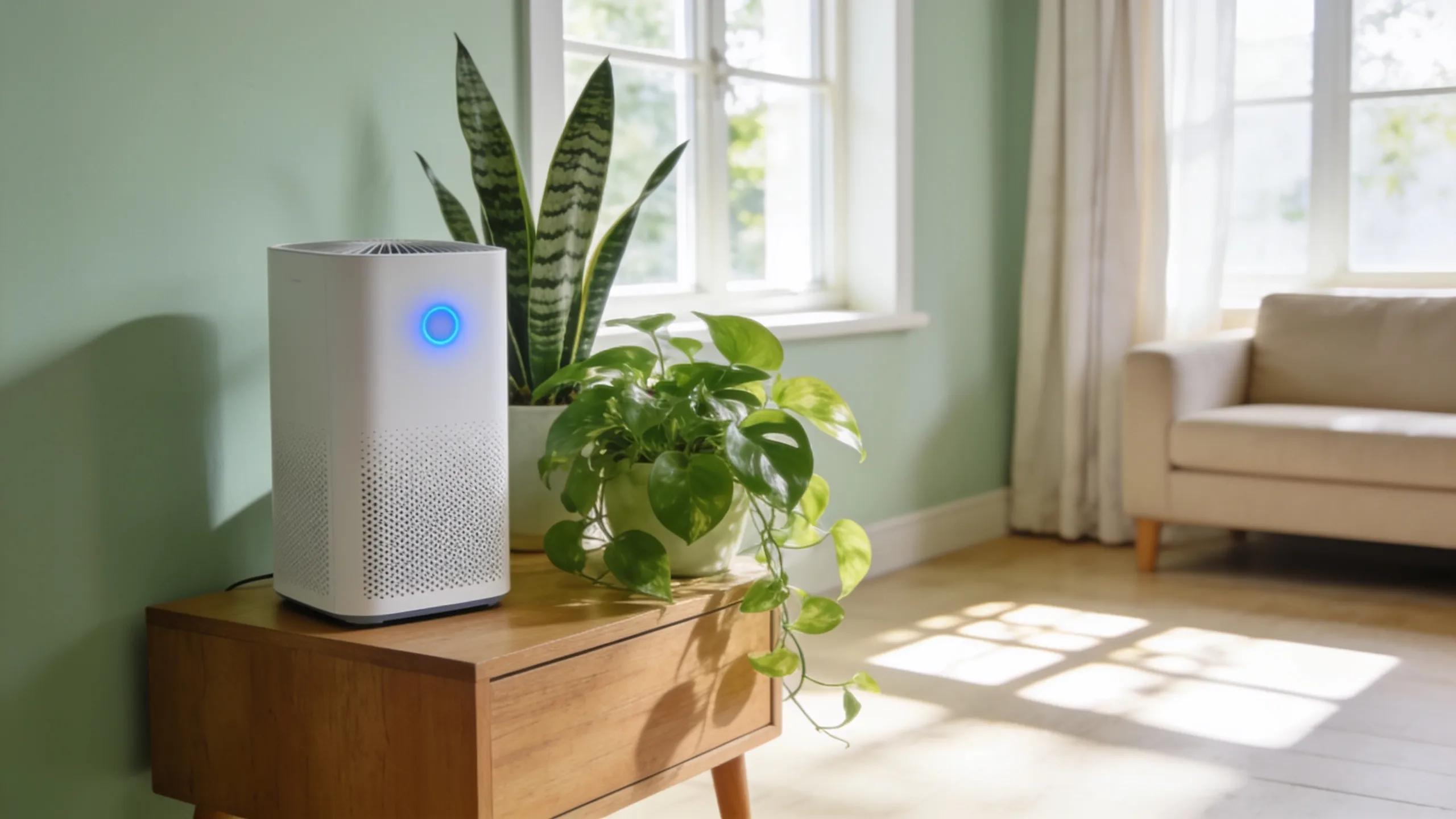 Fresh indoor environment with air purifier and plants, reflecting improved air quality