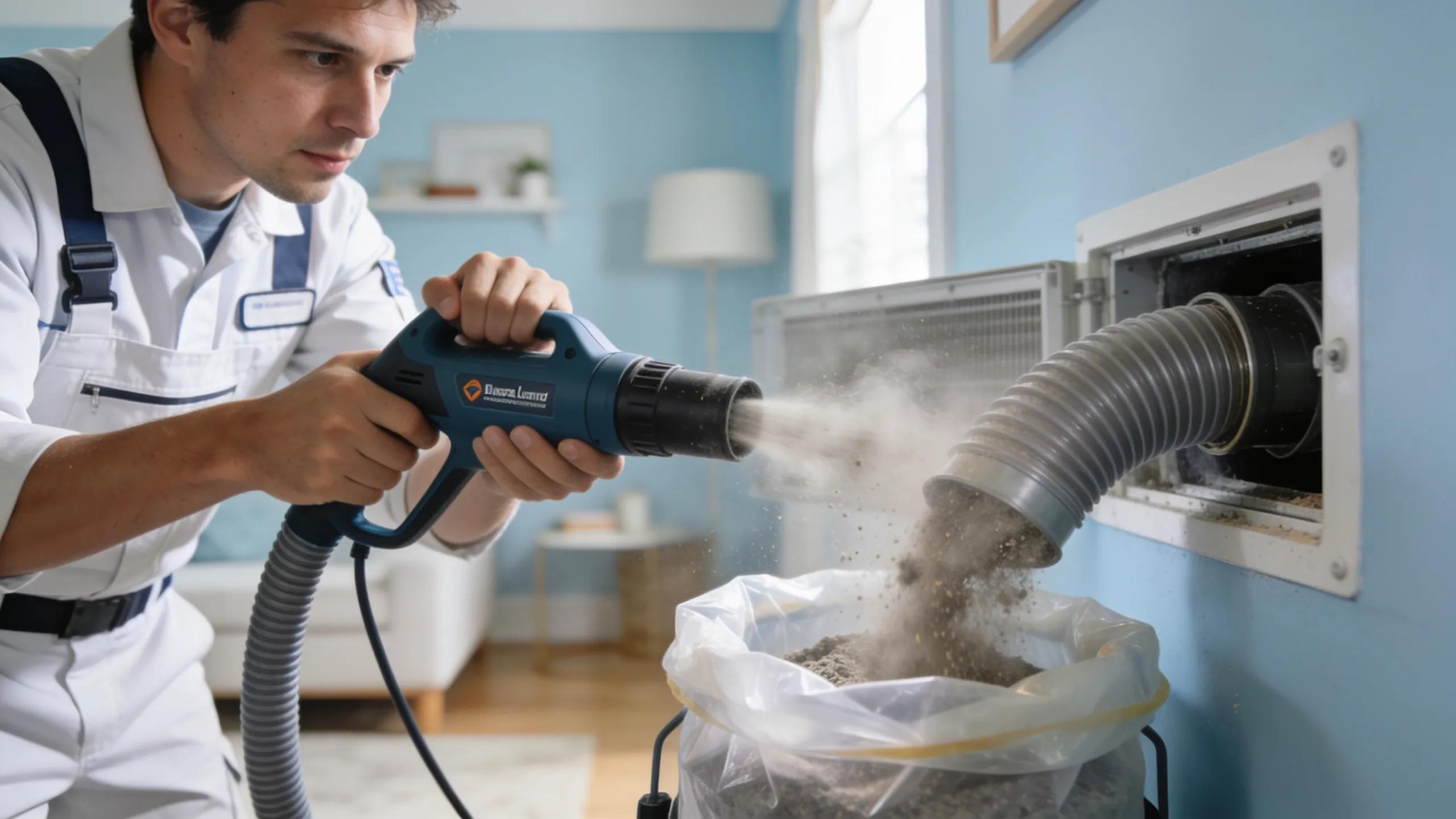 Technician cleaning air ducts in a home, showcasing energy efficiency improvements