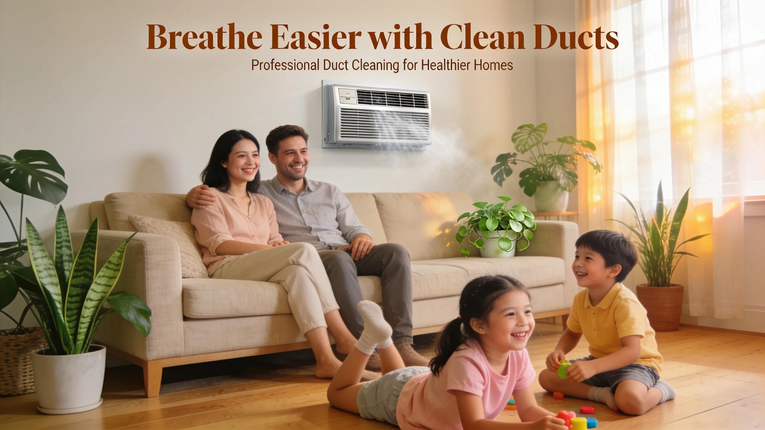 Family enjoying fresh indoor air in a cozy living room after professional duct cleaning