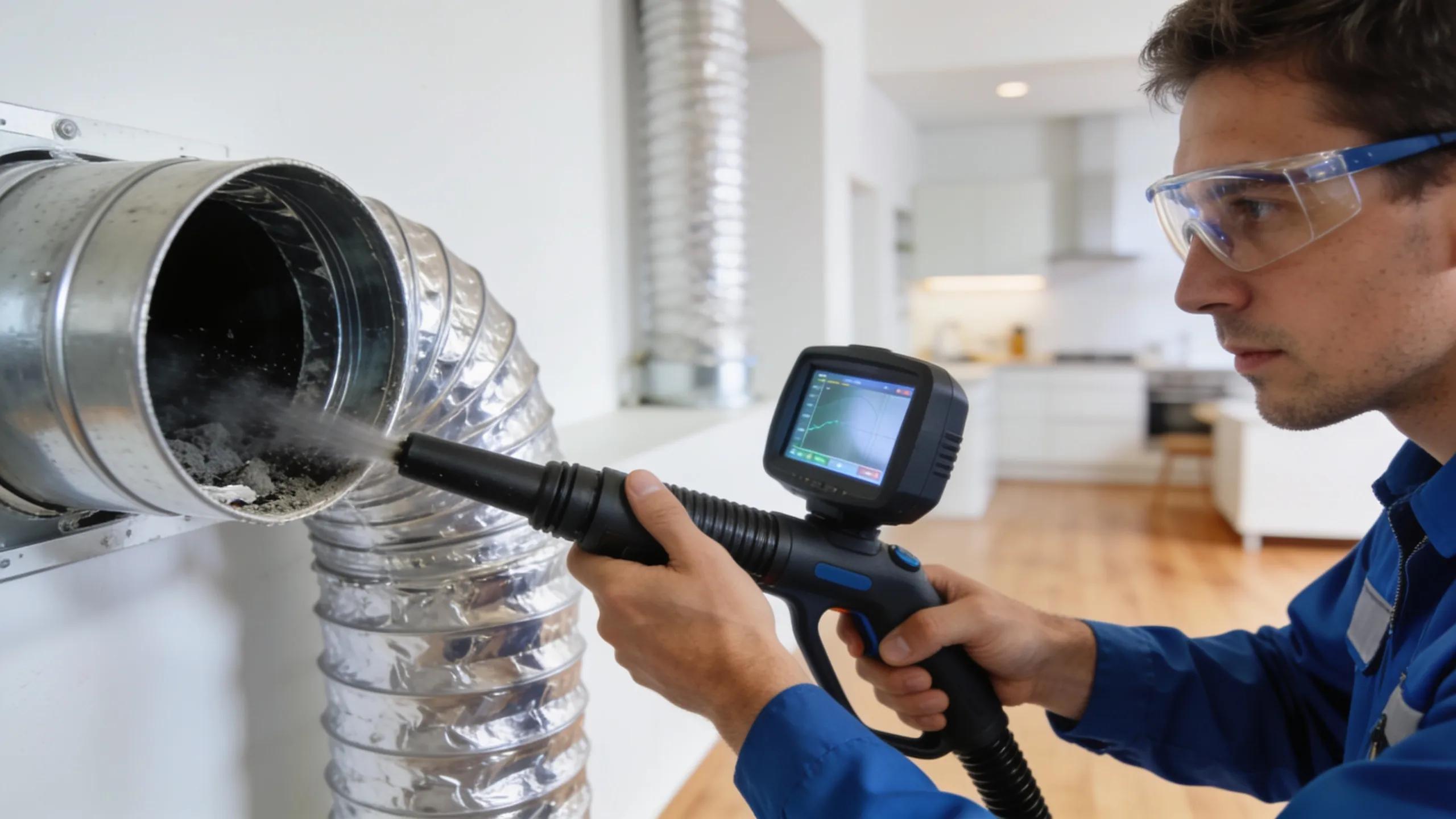 Professional technician performing duct cleaning service in a modern home environment