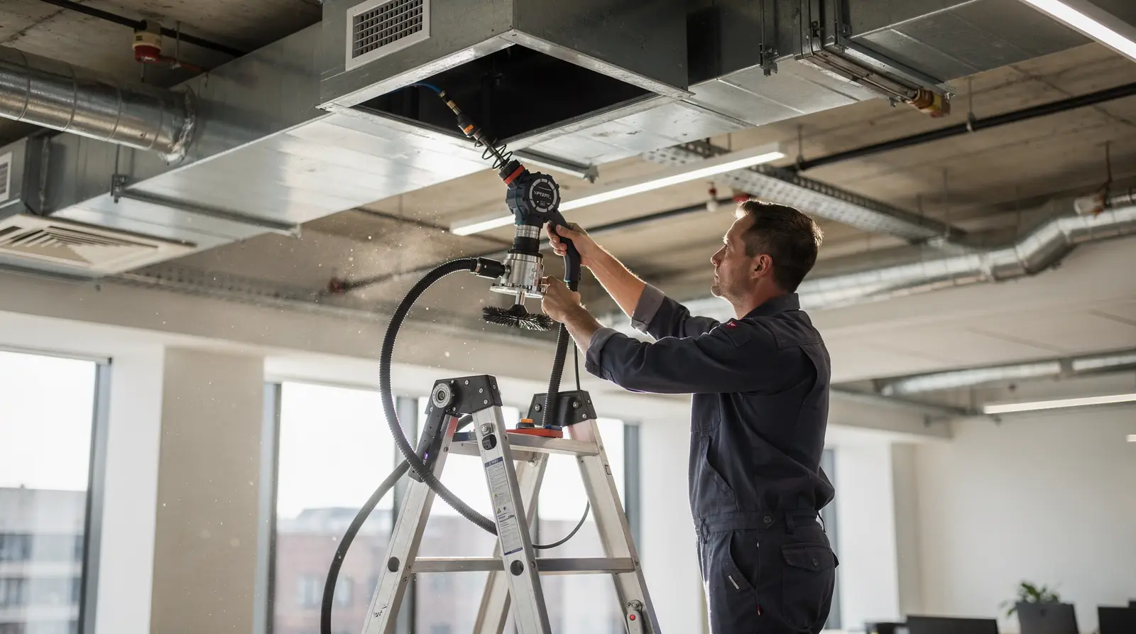 Scale drives the method. Large commercial systems accumulate more than dust. Pollen, mold, and bacteria