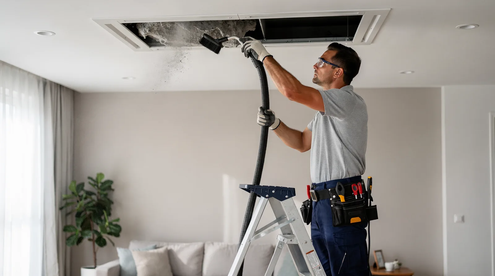 Technician inspecting ventilation ductwork for dust and debris buildup